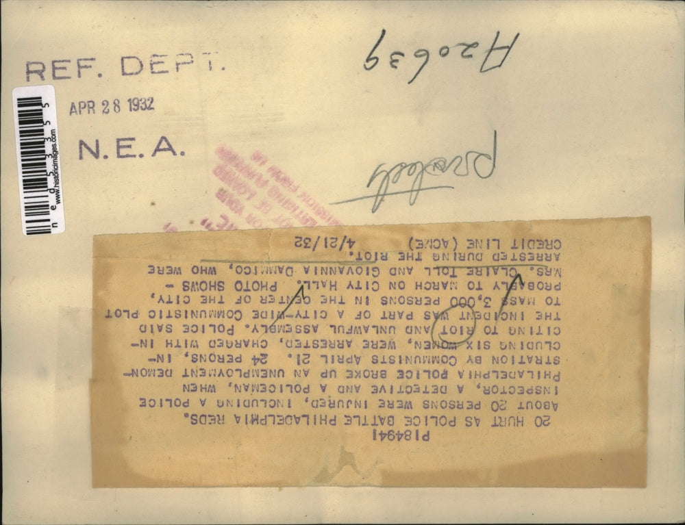 1932 Press Photo Mrs.Claire Toll &Giovanni Dammico were arrested during the riot