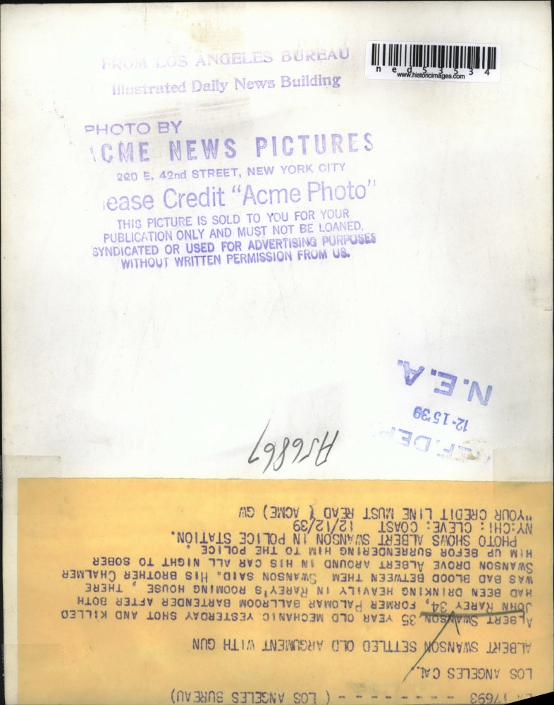 1939 Press Photo Albert Swanson, mechanic, shot and killed John Rarey, former