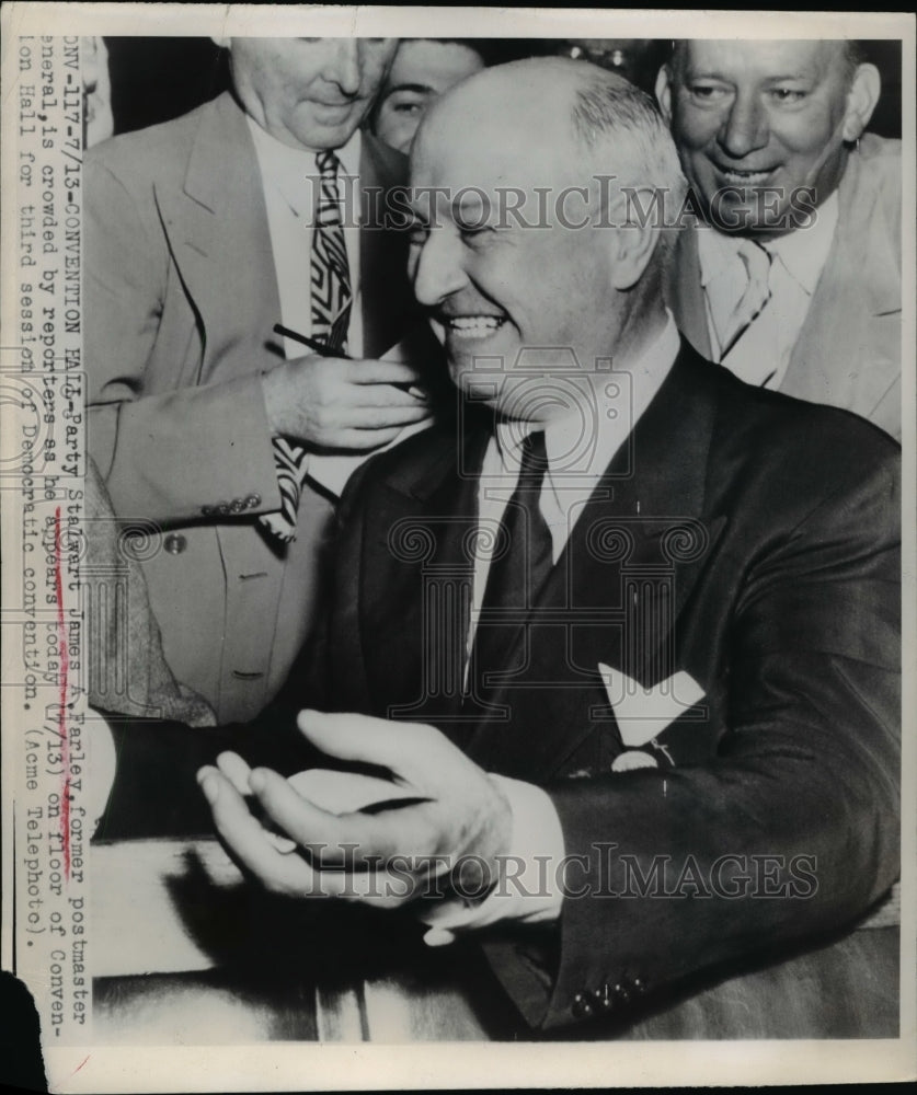 1948 Press Photo Stalwart James Farley crowded by reporters at Convention Hall