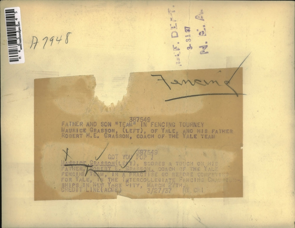 1937 Press Photo Maurice Grasson (left), scores a touch of his father