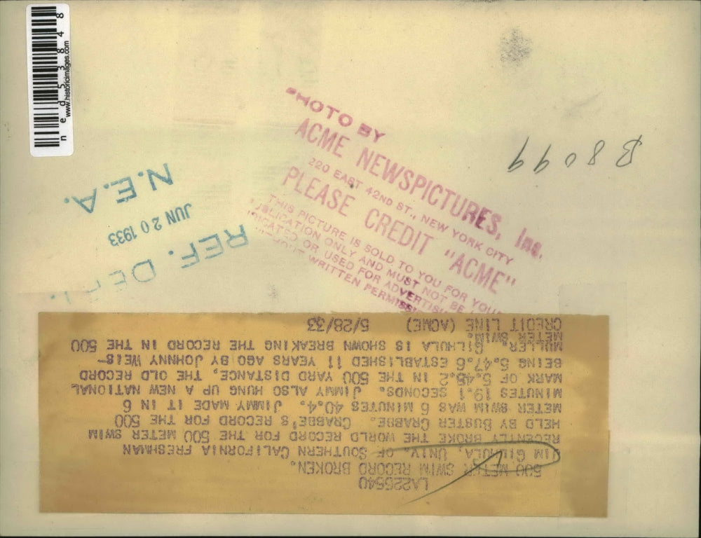 1933 Press Photo Jim Gilhula breaking the world record in the 500 meter swim