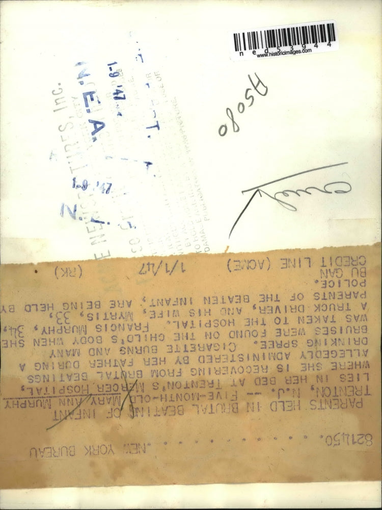 1947 Press Photo Mary Ann Murphy at Trenton Mercer Hospital from brutal beatings