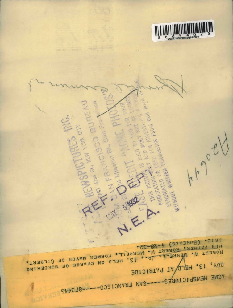 1932 Press Photo Robert W Merrell Jr age 13 held for dad's murder in Ariz.