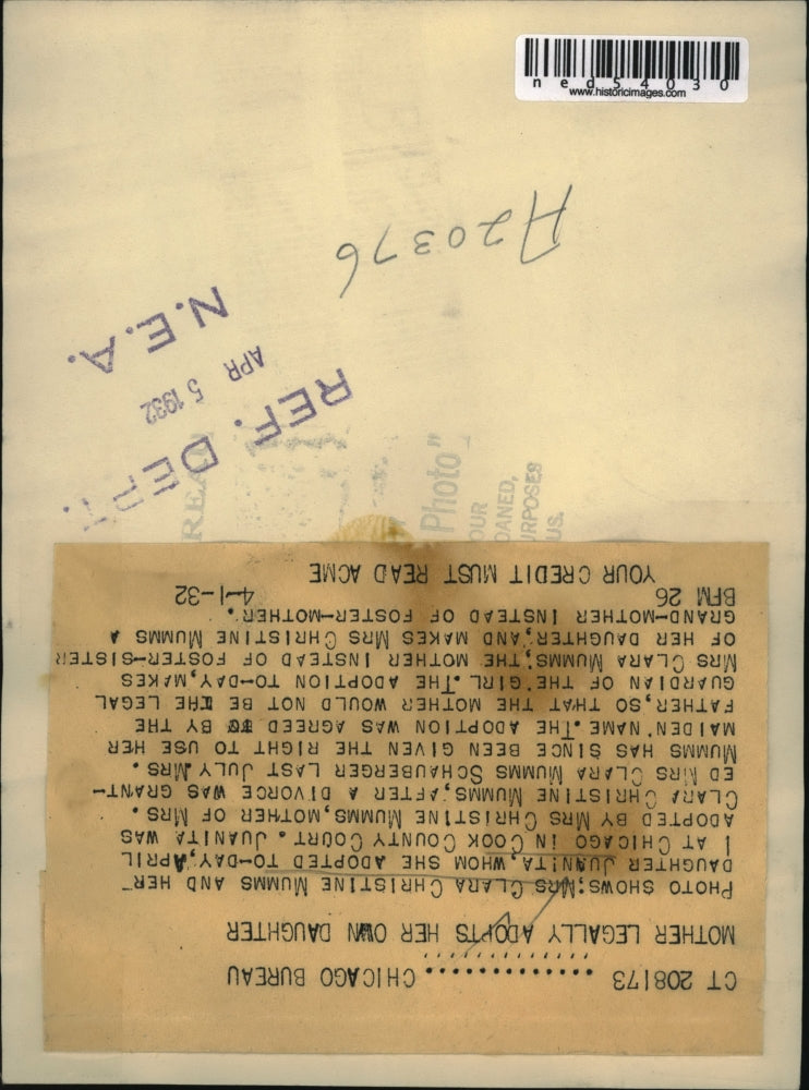 1932 Press Photo Mrs Clara C Mumms & daughter Juanita adopted in Chicago