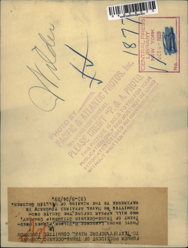 1929 Press Photo Lawrence R Wilber former pres of Trans Oceanic Steamship Co