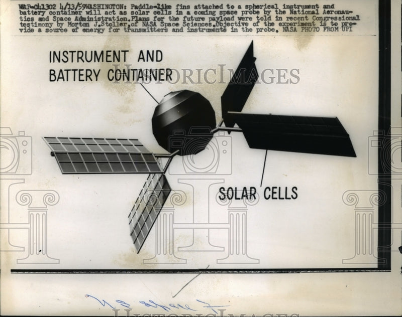 Load image into Gallery viewer, 1959 Press Photo Paddle like fins and battery container as solar cells by NASA
