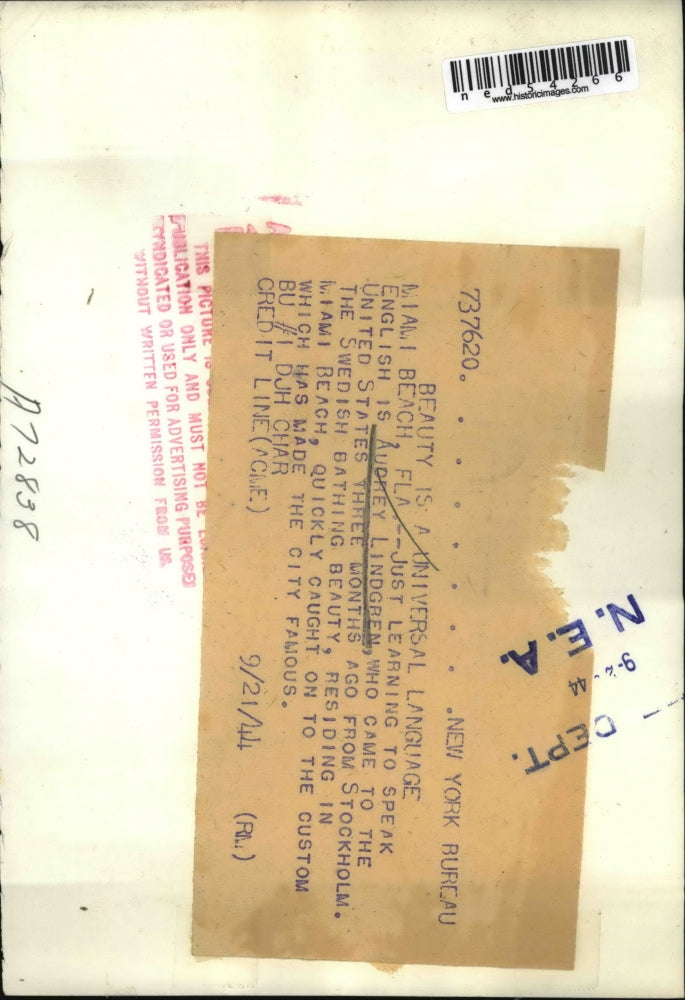 1944 Press Photo Miami Beach Fla Audrey Lindgren from Sweden