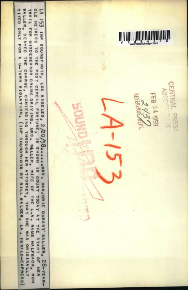 1958 Press Photo La calif Mr sMarjorie Durant Waller heiress to Post cereal