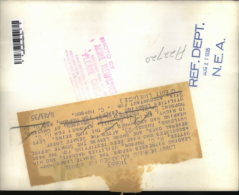 1935 Press Photo Lobby hearing of W.A Hill, Attorney, H.C Hopson and