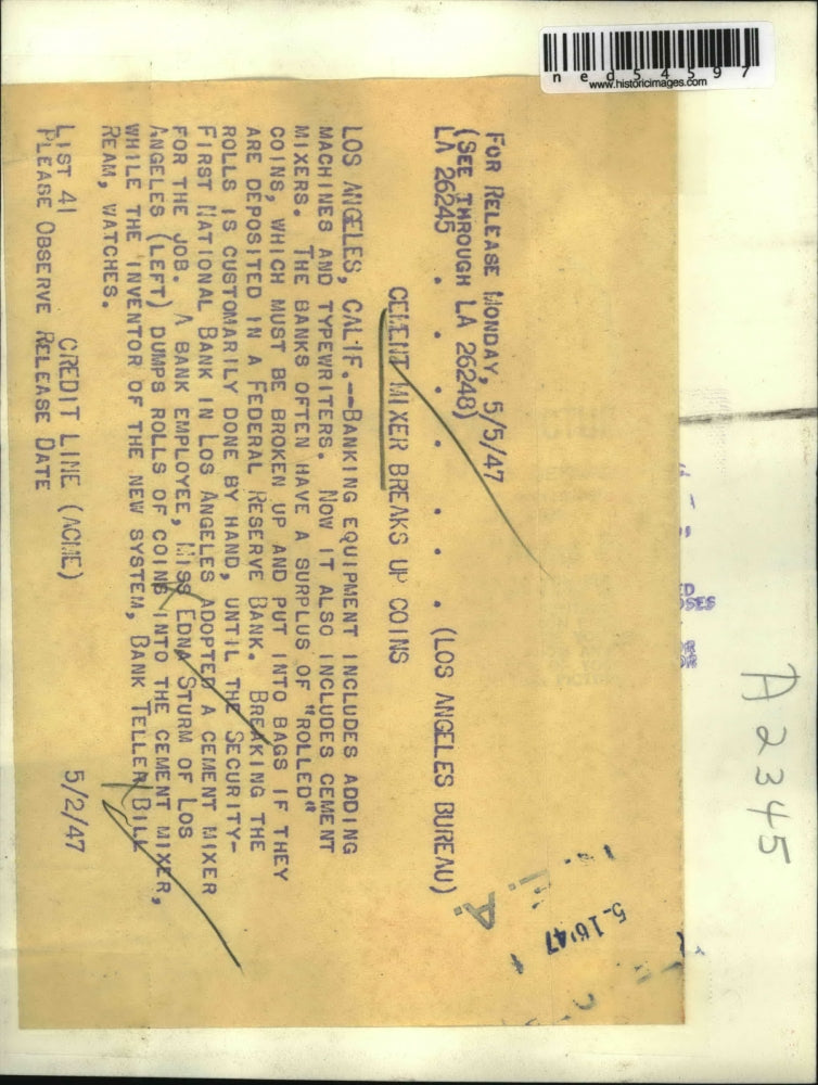 1957 Press Photo Security First National Bank Workers Pour Coins in Cement Mixer