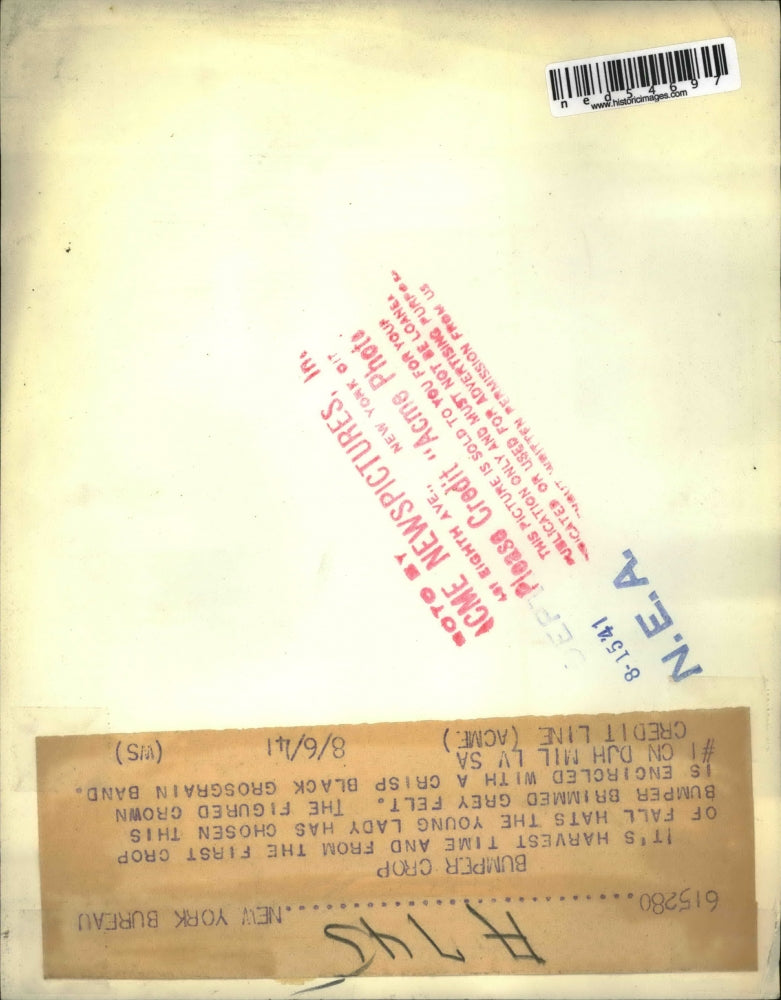 1941 Press Photo Bumper Brimmed Grey Felt Hat With Black Grosgrain Band