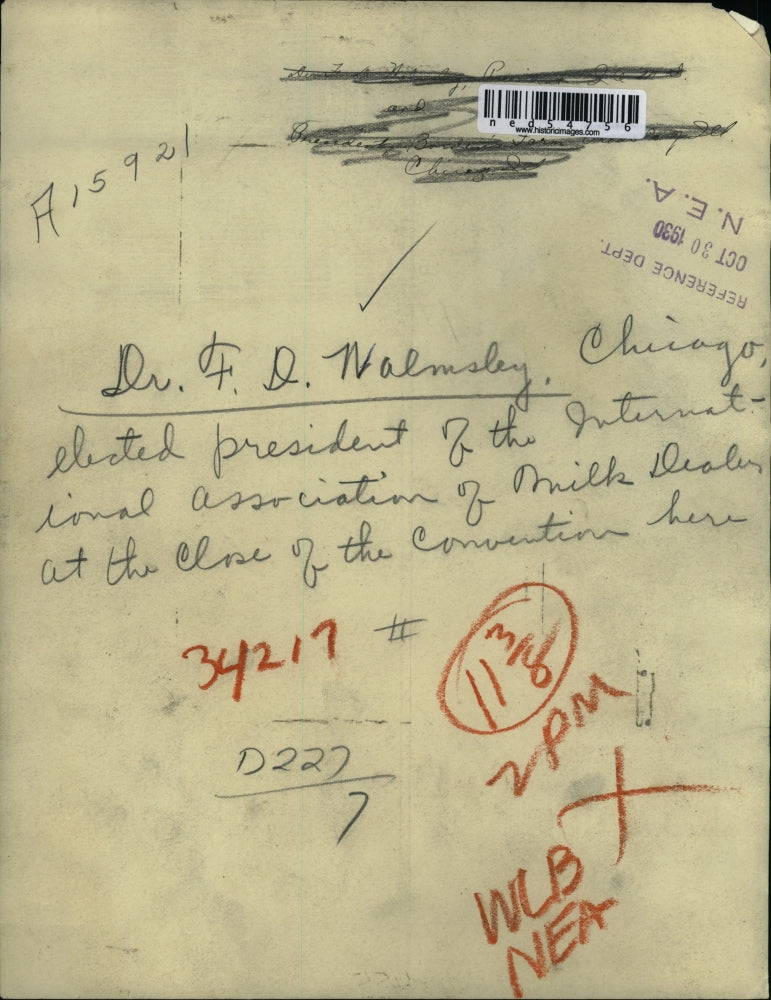 1930 Press Photo F.D Walnsky President International Association of Milk Dealers