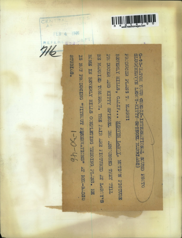 1946 Press Photo Producer Mervyn LeRoy and Kitty Spiegel Announce Wedding