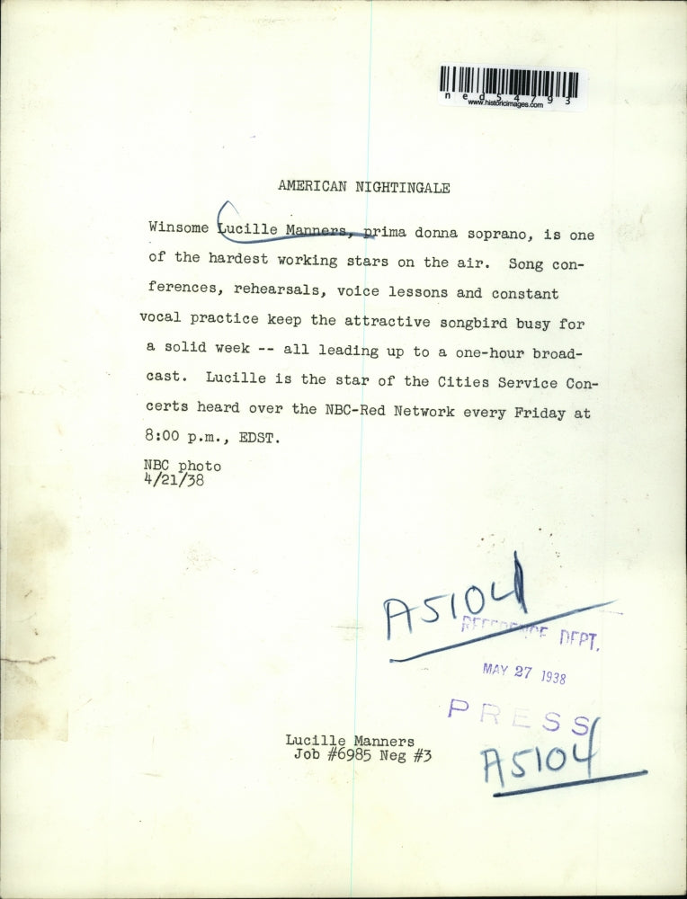 1938 Press Photo Lucille Manners Soprano Star Cities Service Concerts