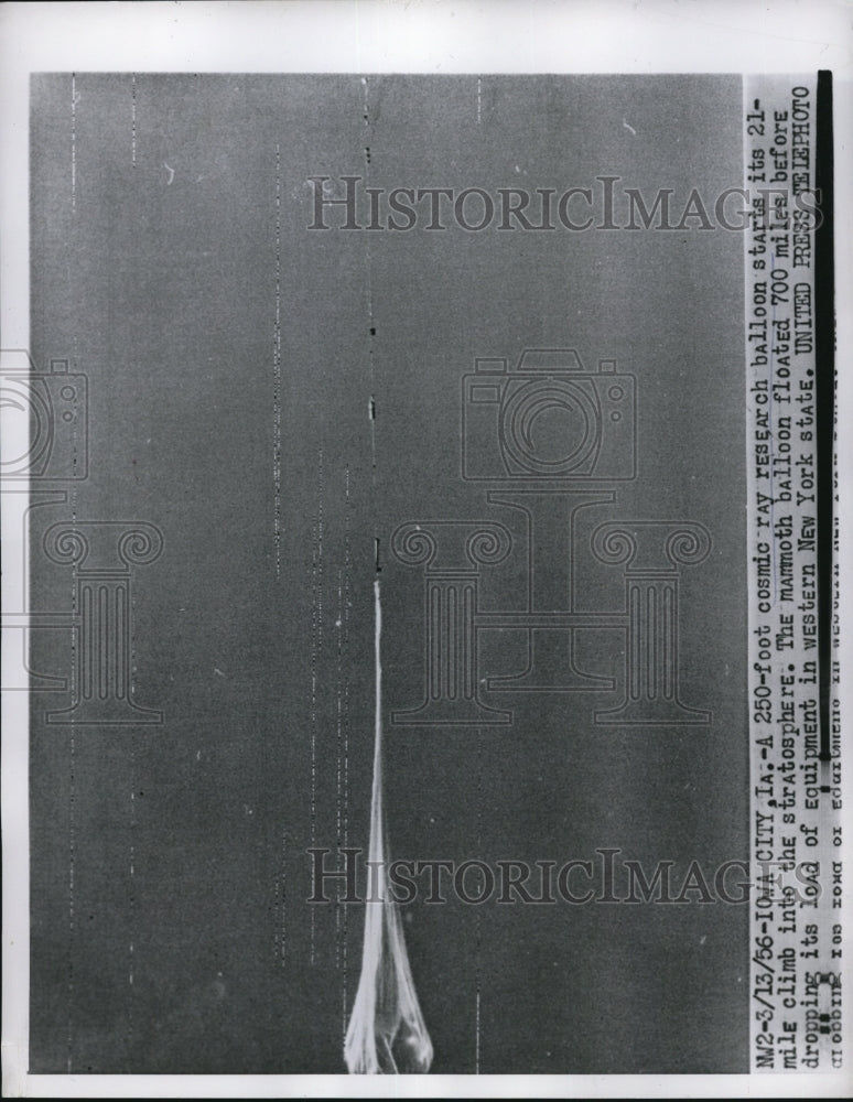 1956 Press Photo 250-Foot Cosmic Ray Research Balloon into the Stratosphere