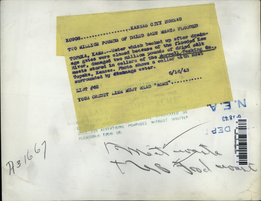 1943 Press Photo Morell Packing Co. In Topeka KS Flooded