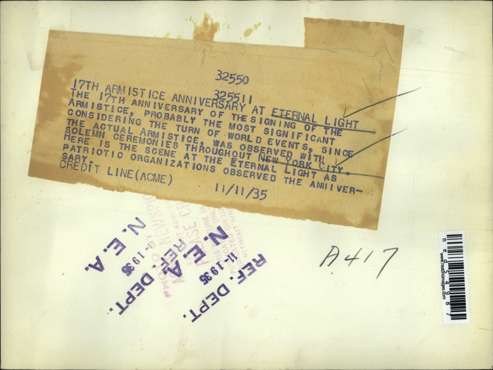 1935 Press Photo 17th Armistice Anniversary at Eternal Light, New York city.