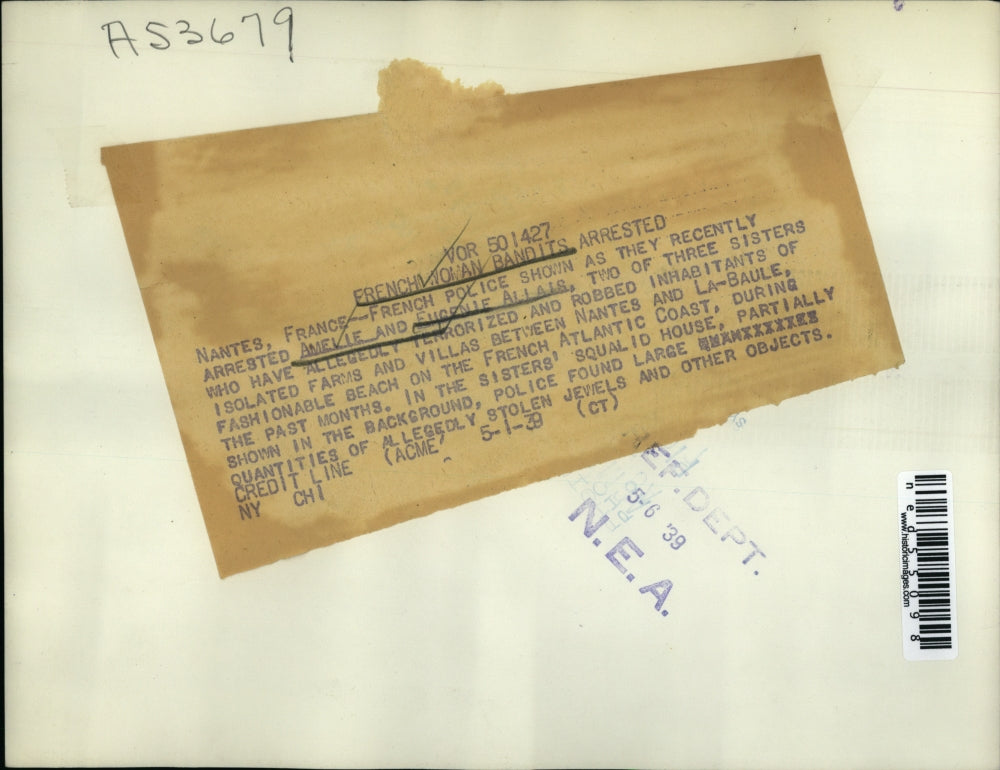 1939 Press Photo French Sisters Amelie & Eugene Allais, Arrested for Robbery