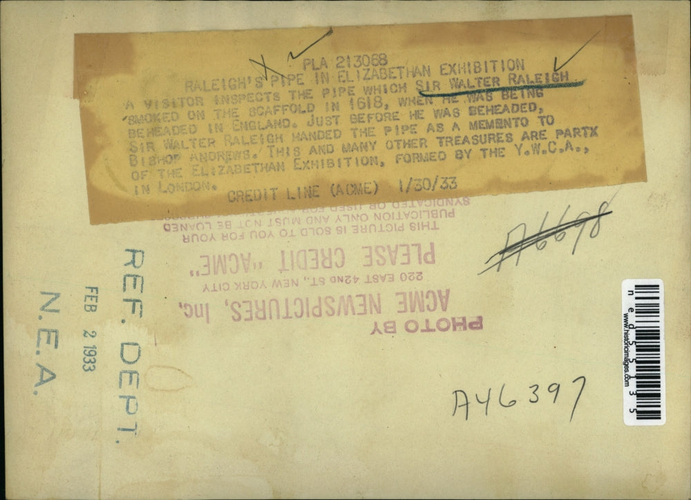 1933 Press Photo Sir Walter Raleigh's Pipe