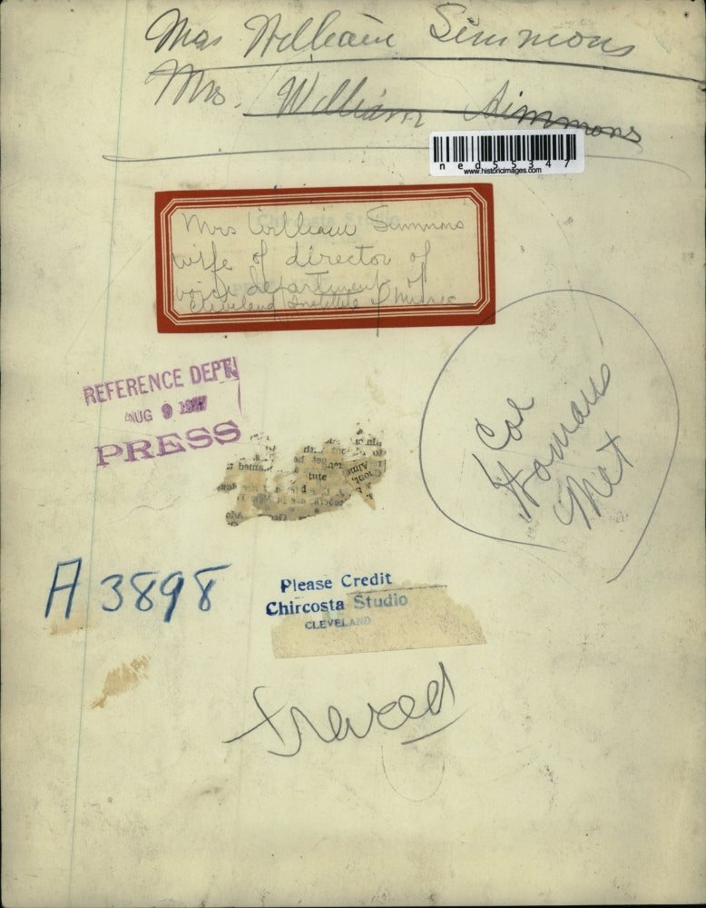 1927 Press Photo Mrs.William Simmons wife of Dir. of Voice Dept. of Cleveland.