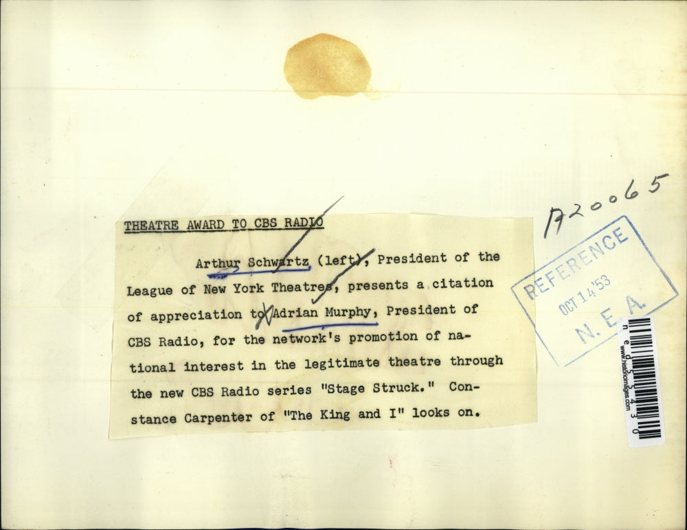 1953 Press Photo Arthur Schwartz Pres League of NY Theaters, Adrian Murphy CBS