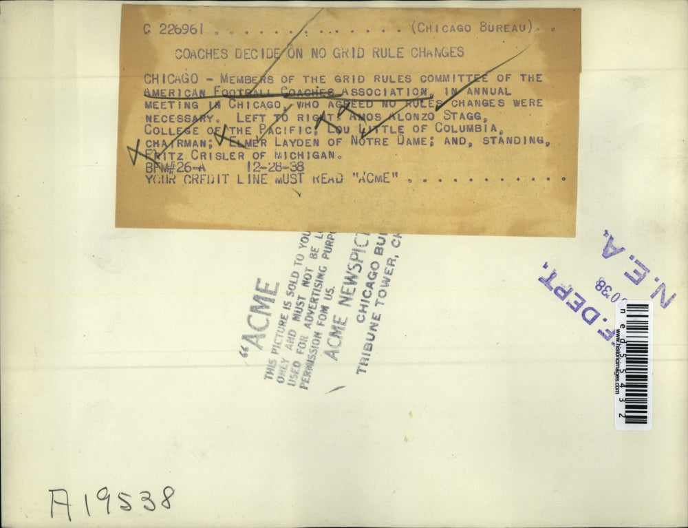 1938 Press Photo Chicago Football Coaches Assoc. Amos A Stagg, Lou Little,