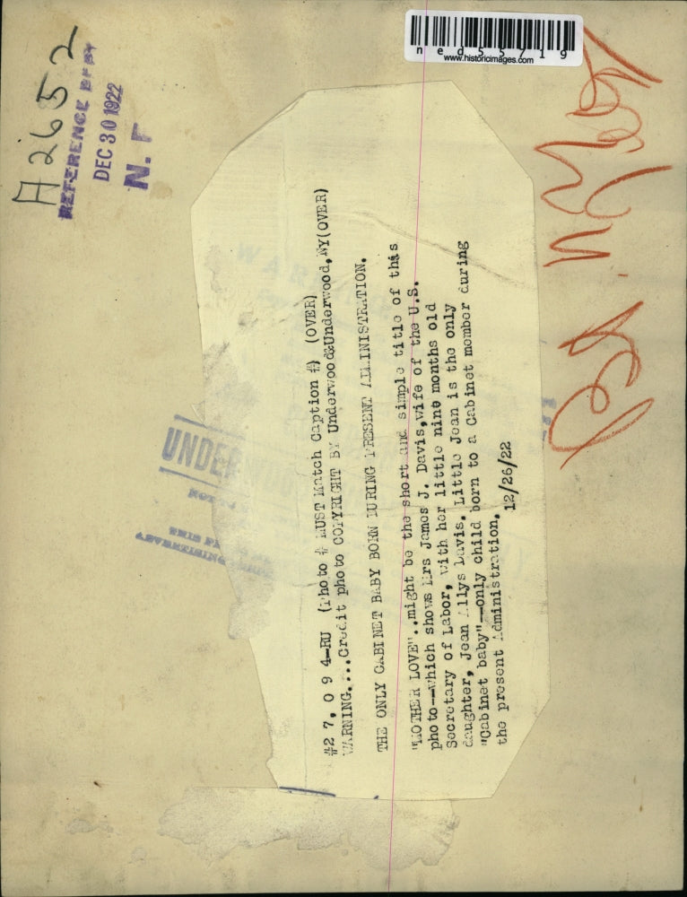 1922 Press Photo London England Mrs James J Davis wife of Sec of Labor & baby