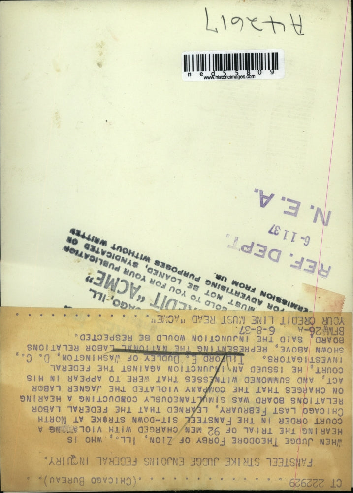 1937 Press Photo Judge Theodore Forby, Fansteel Riot Sitdown Trials