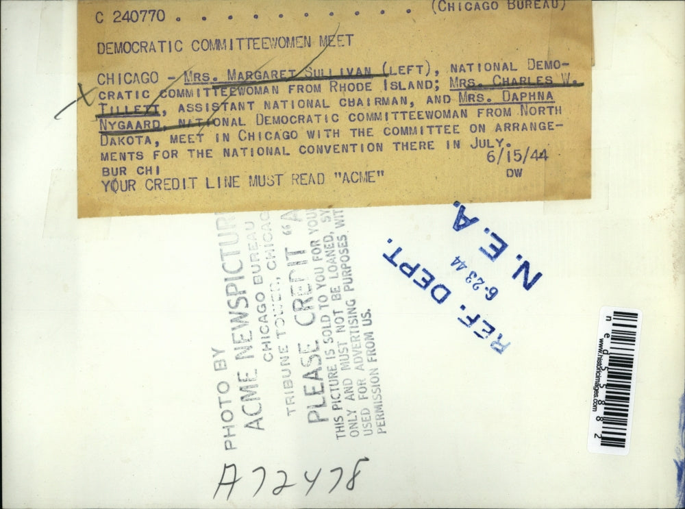 1944 Press Photo Mrs Margaret Sullivan, Charles Tillett, Democrat Convention