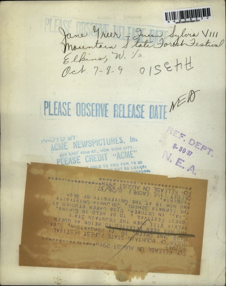 1937 Press Photo Jane Greer Queen Sylvia Vill Over Mountain State Forest Festiva