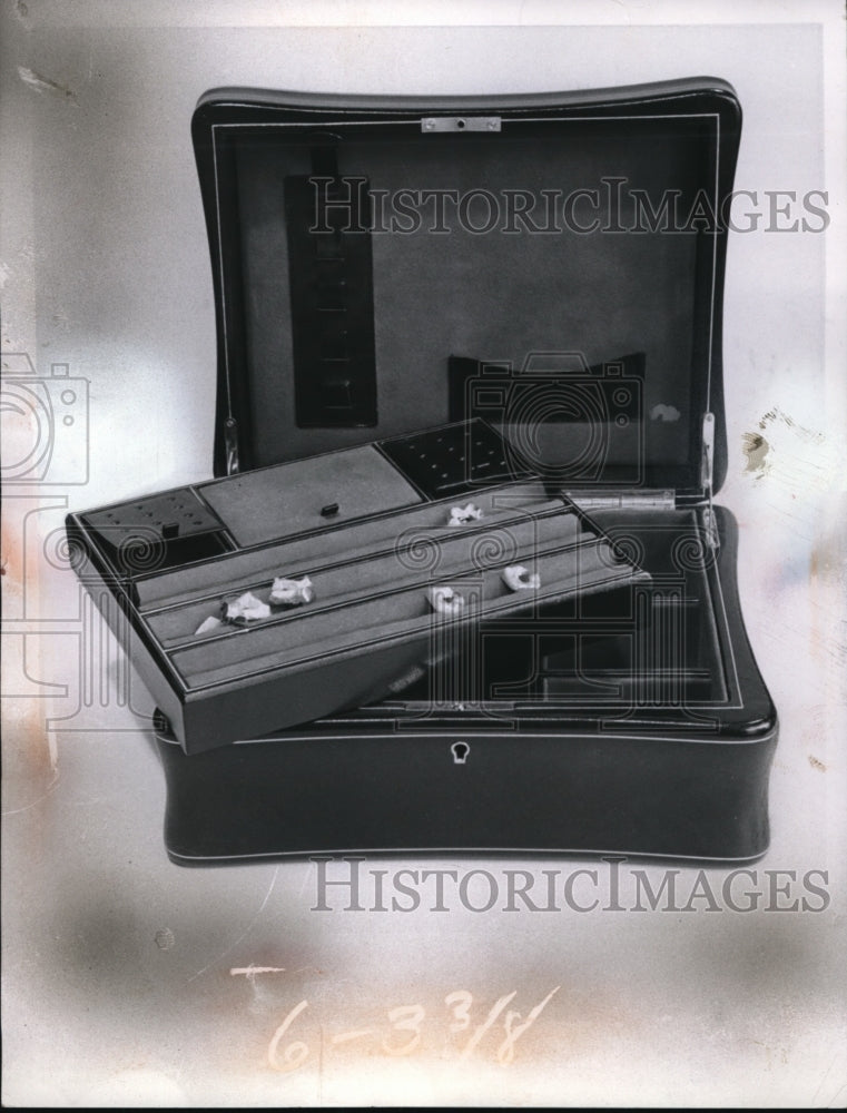 1957 Press Photo Jewelry box of black florentine leather with a tray