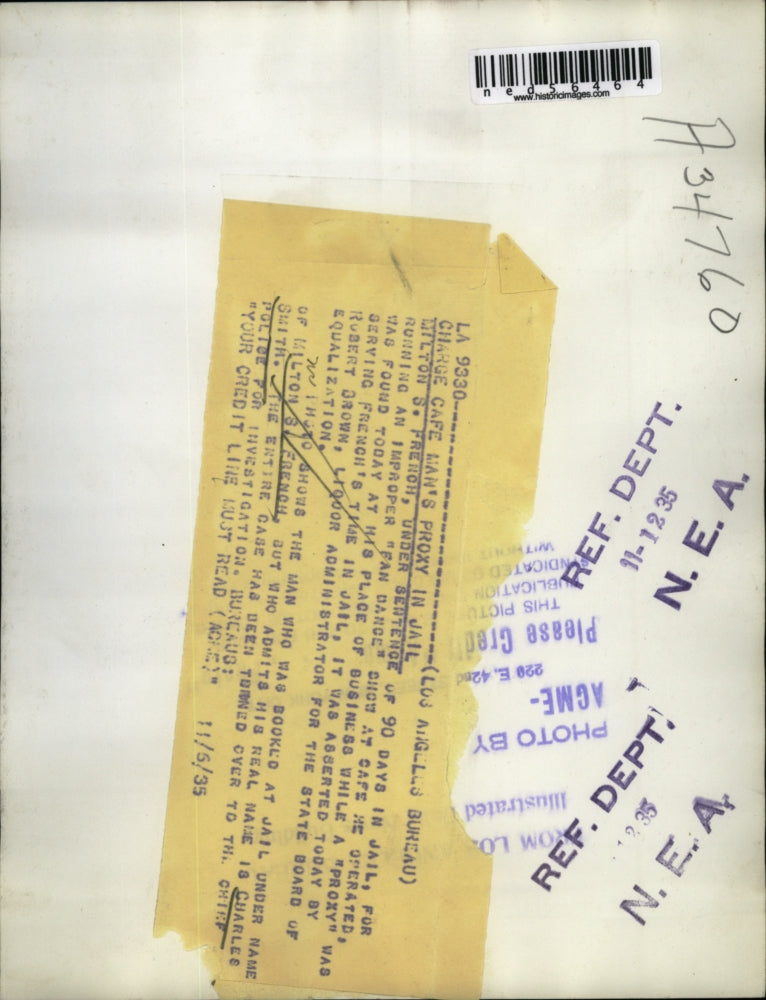 1935 Press Photo Charles Smith aka Milton French in jail