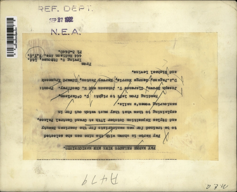 1932 Press Photo Fay Marbe & men to train as manicurists Carlson, Brown