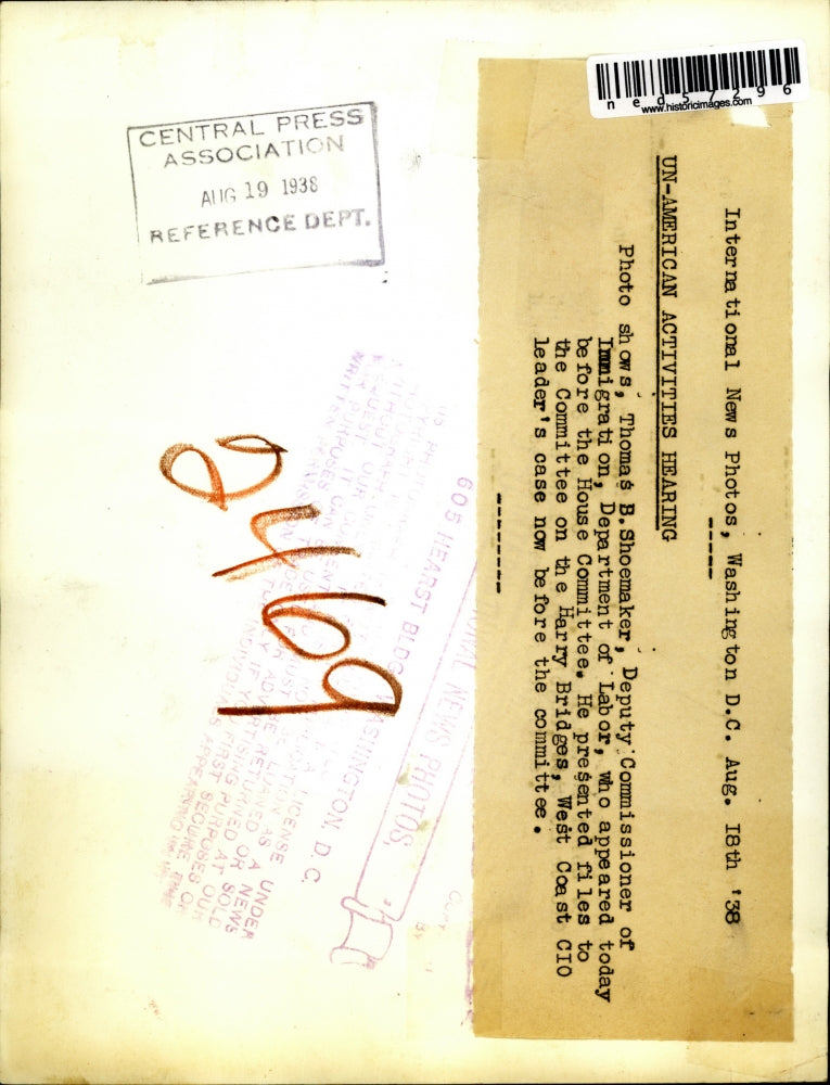 1938 Press Photo Thomas B. Shoemaker during Un-American activities hearing