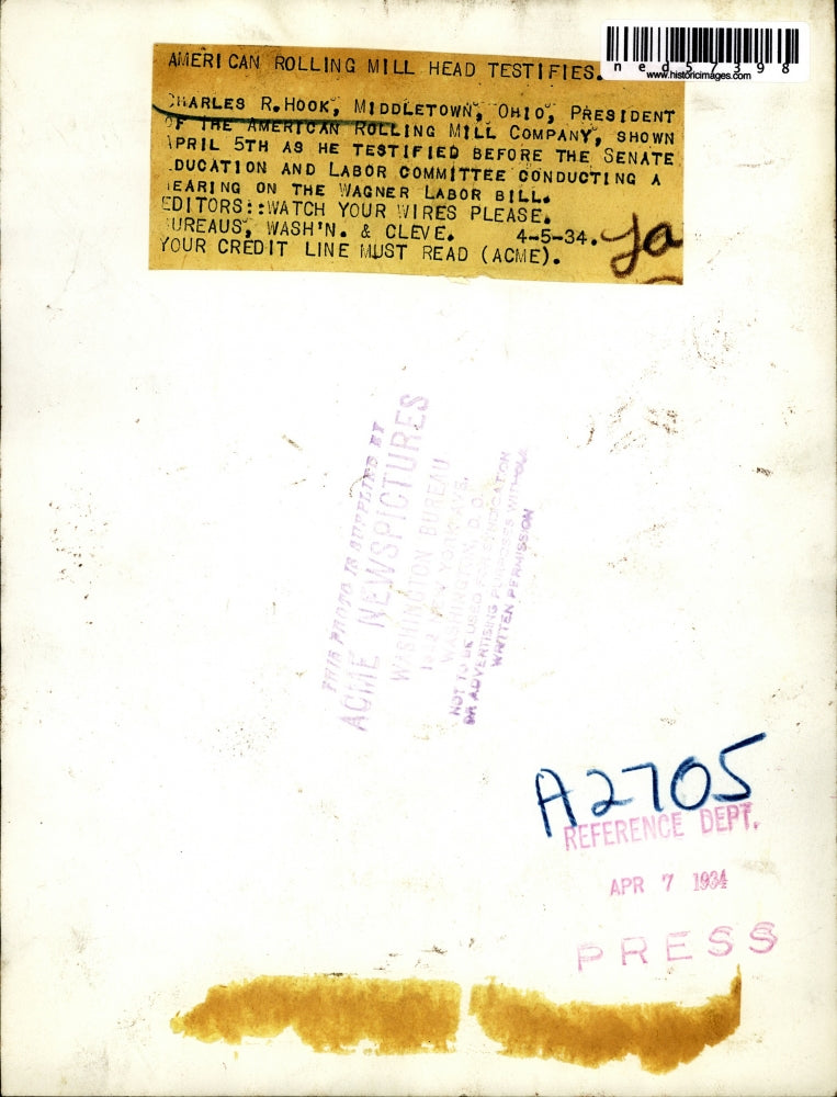 1934 Press Photo Charles Hook, American rolling mill head testifies