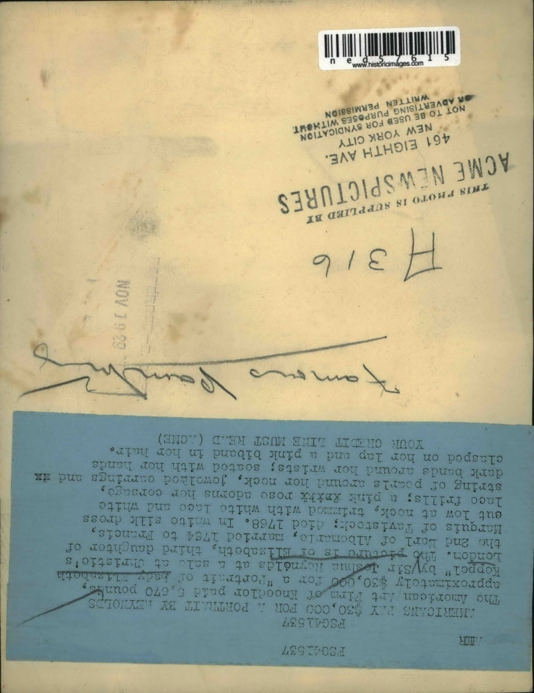 1929 Press Photo Portrait of Lady Elizabeth Koppel by Sir Joshua Reynolds