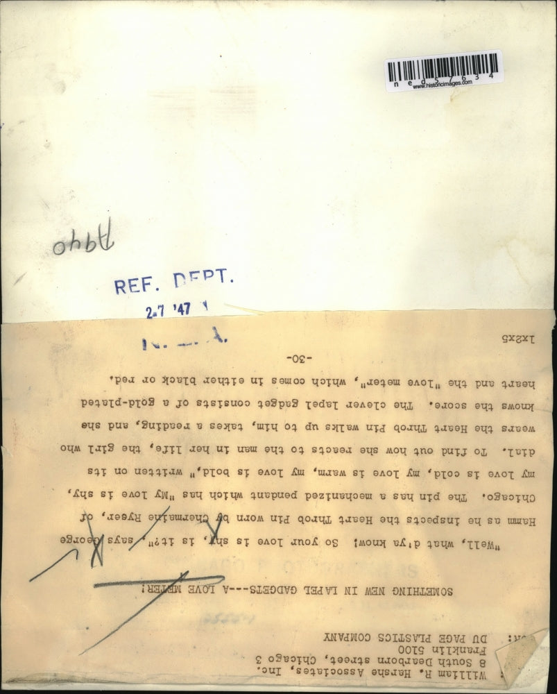 1947 Press Photo A love meter, George Hamm the heart throb pin