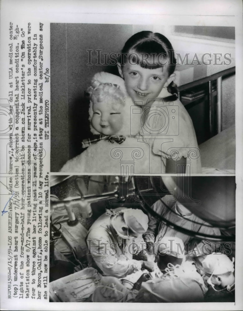 Load image into Gallery viewer, 1959 Press Photo Mary Louise Sumrow with her doll at the UCLA medical center
