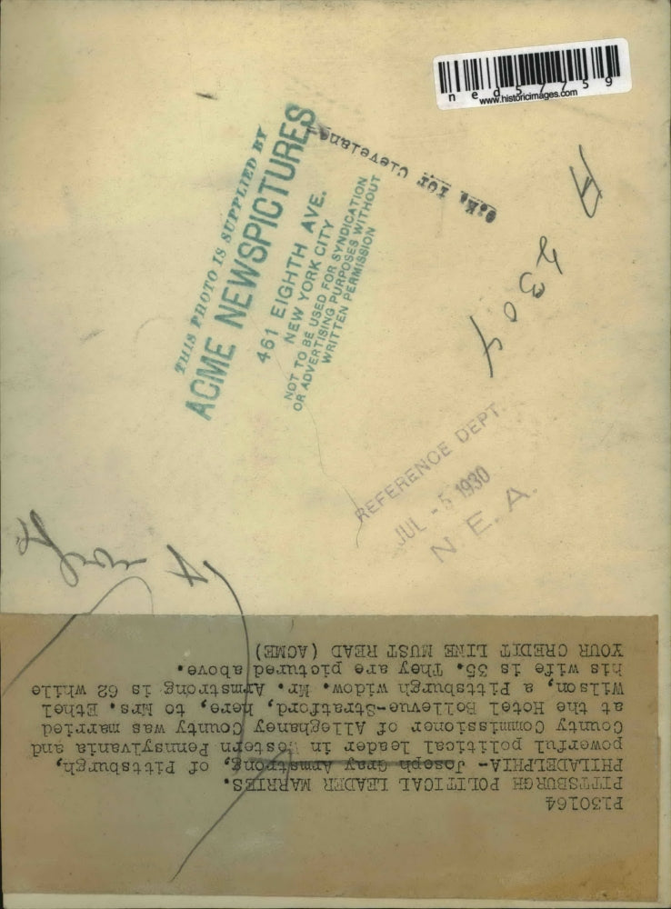 1930 Press Photo Joseph Gray Armstrong married to Mrs. Ethel Wilson