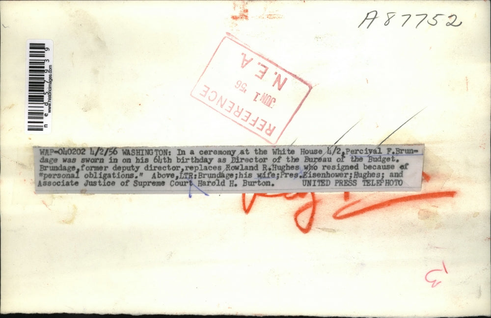 1956 Press Photo In a ceremony at the White House, Percival F. Brundage