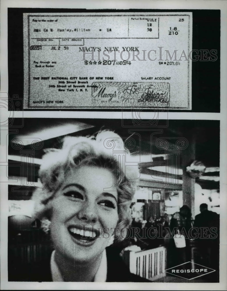 Load image into Gallery viewer, 1958 Press Photo Macy NYC store &amp; a check for $207.94
