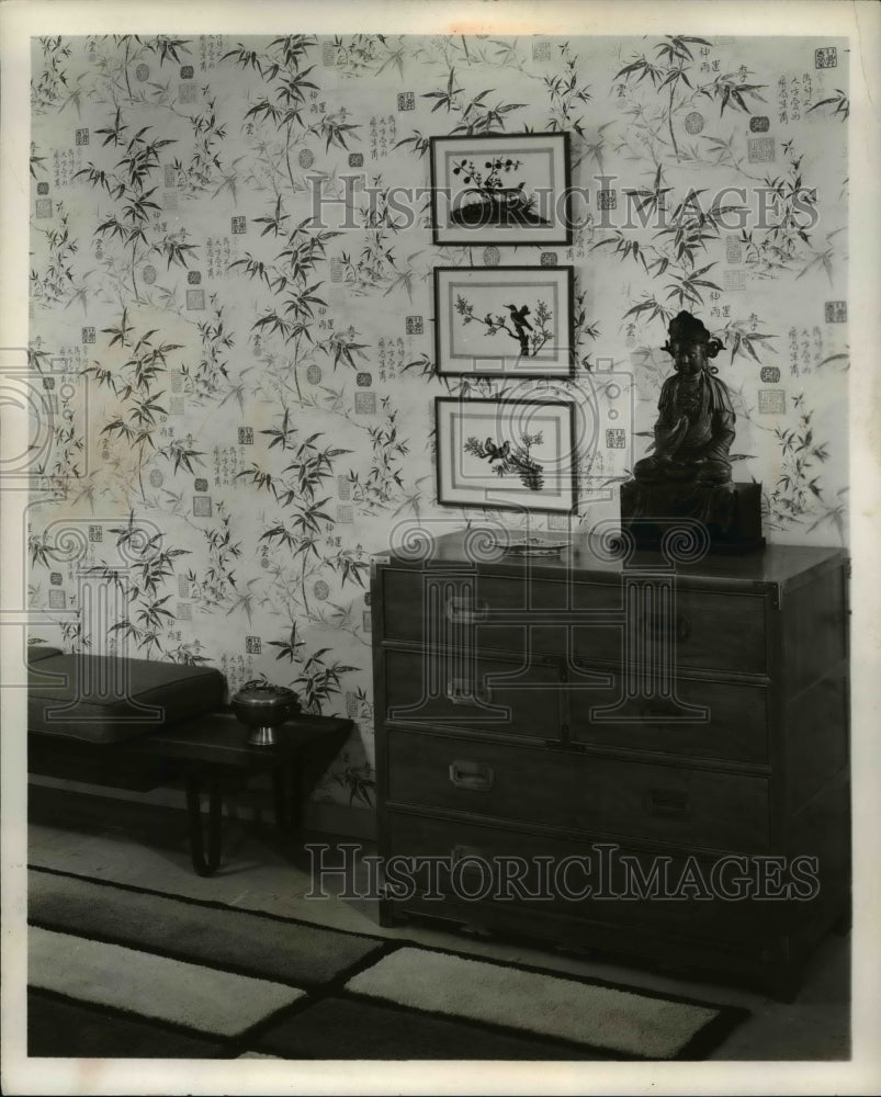 1958 Press Photo Oriental garden patterned wallpaper on display