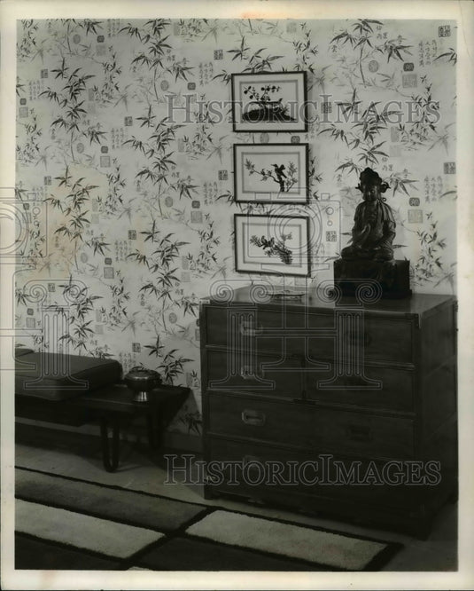 1958 Press Photo Oriental garden patterned wallpaper on display