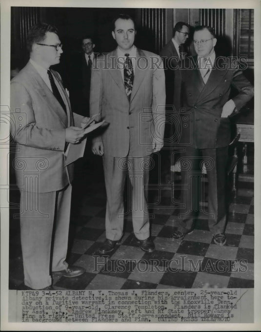 1952 Press Photo Albany NY Thomas Flanders PI arraigned as kidnapper