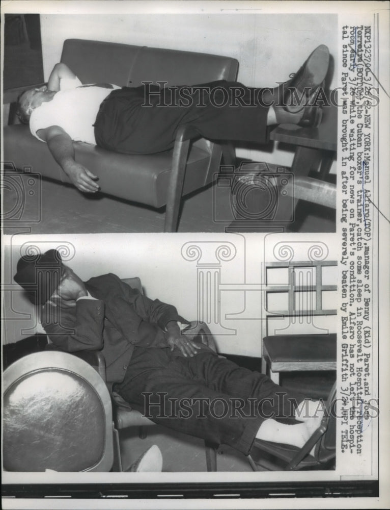 1962 Press Photo Manuel Alfaro & Jose Torreira Cuban boxer trainer catch sleep- Historic Images