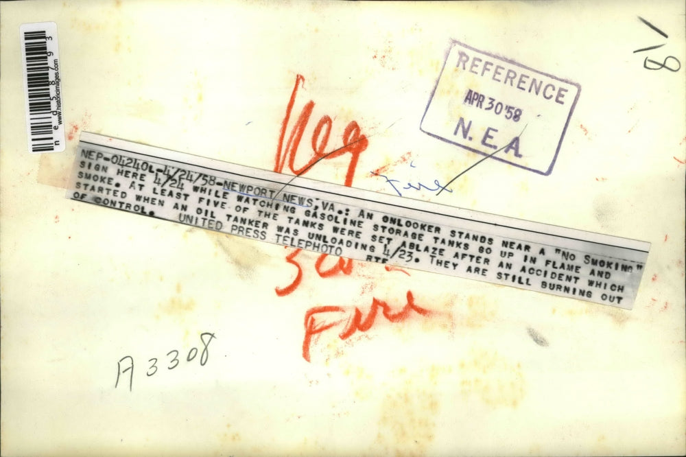 1958 Press Photo The gasoline storage tanks on fire after an accident