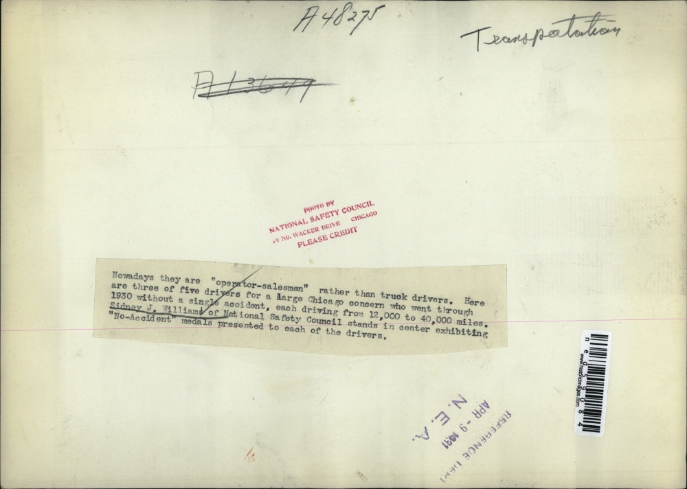 1931 Press Photo Sidney J. Williams With Three Truck Drivers with No Accidents