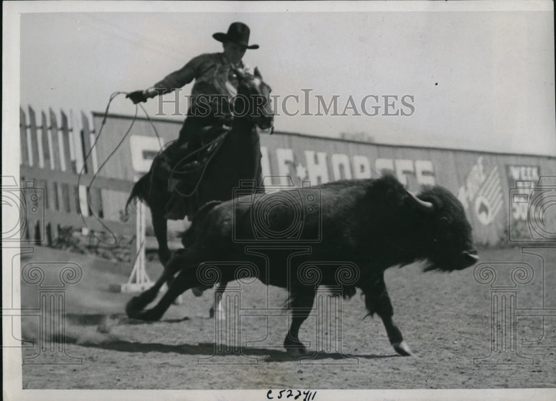 Load image into Gallery viewer, 1939 Press Photo Frank Jayne Rounds Up Buffalo That Escaped on Chicago Streets
