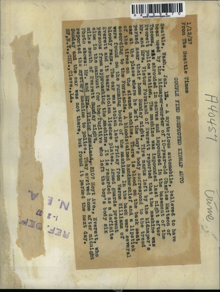 1937 Press Photo Car of Mr. and Mrs. Victor Forsland went missing for one night