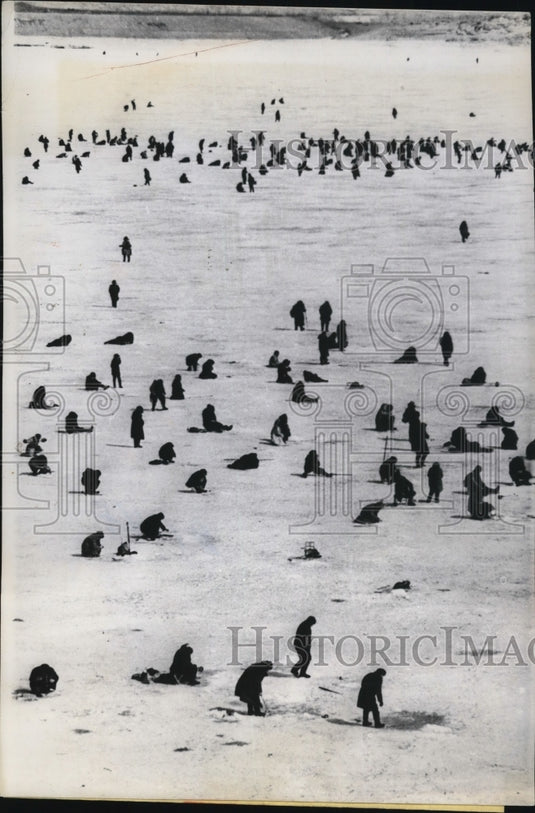 1965 Press Photo Busy human participants in a mass display of ice hole fishing- Historic Images
